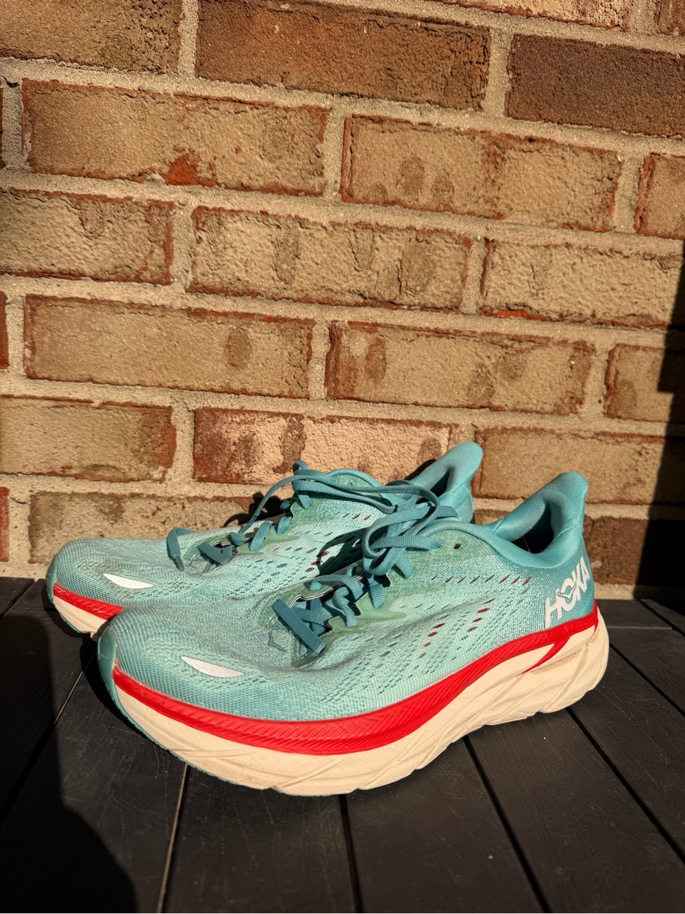Hoka Women's Teal Athletic Running Shoes with Red Stripe